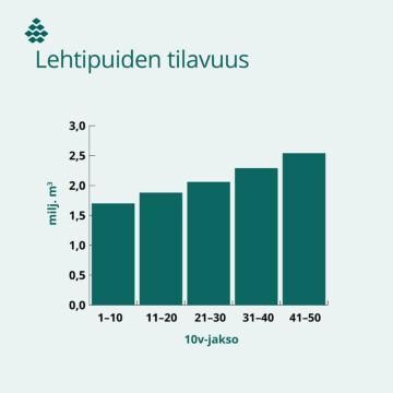 Lehtipuiden tilavuus kasvaa 1,7 miljoonasta kuutiometristä 2,5 miljoonaan kuutiometriin Finsilvan metsissä 50 vuodessa.